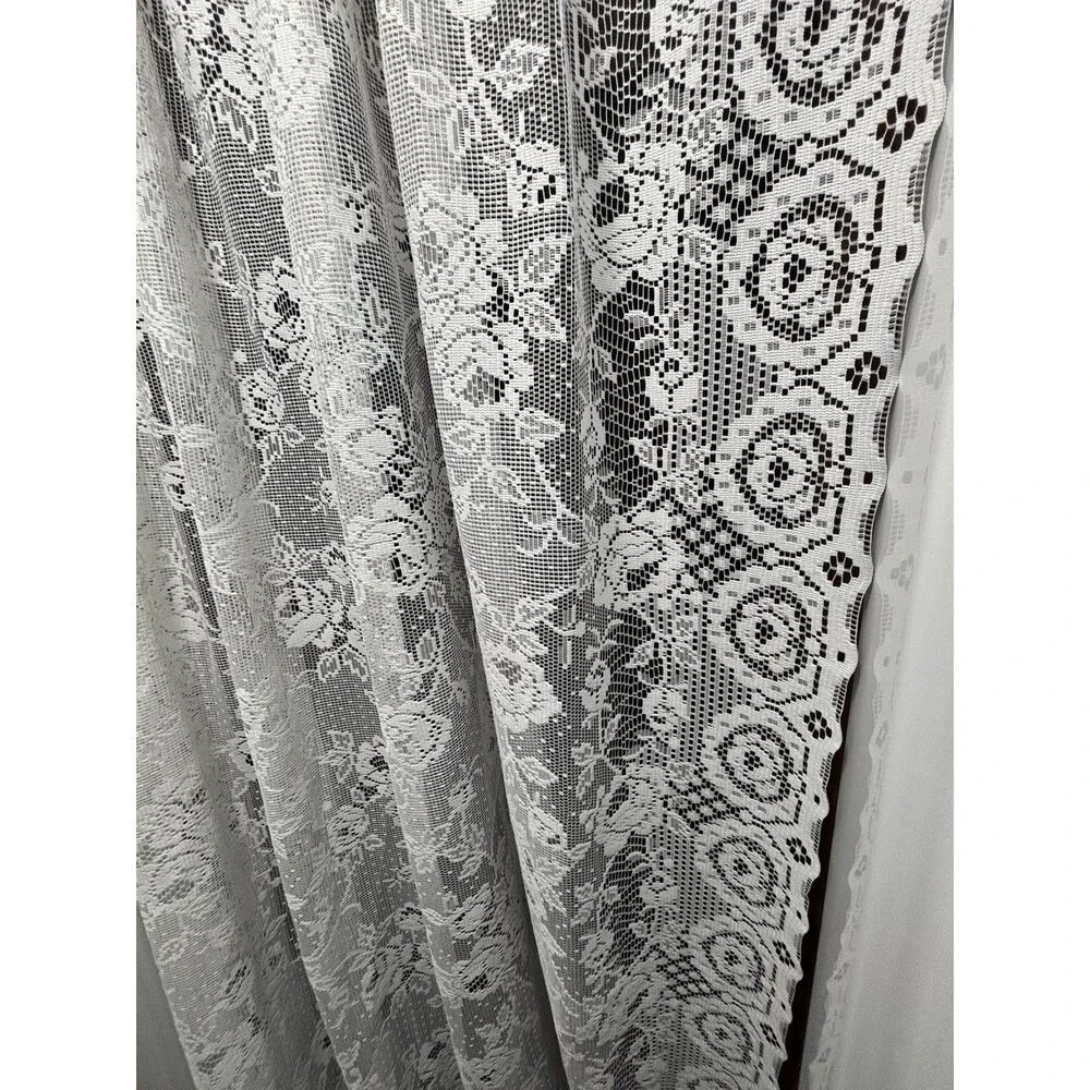 VTG White Lace Curtain Panel 60” W X 84” L Cottagecore 80’s / 90’s Cabbage Roses